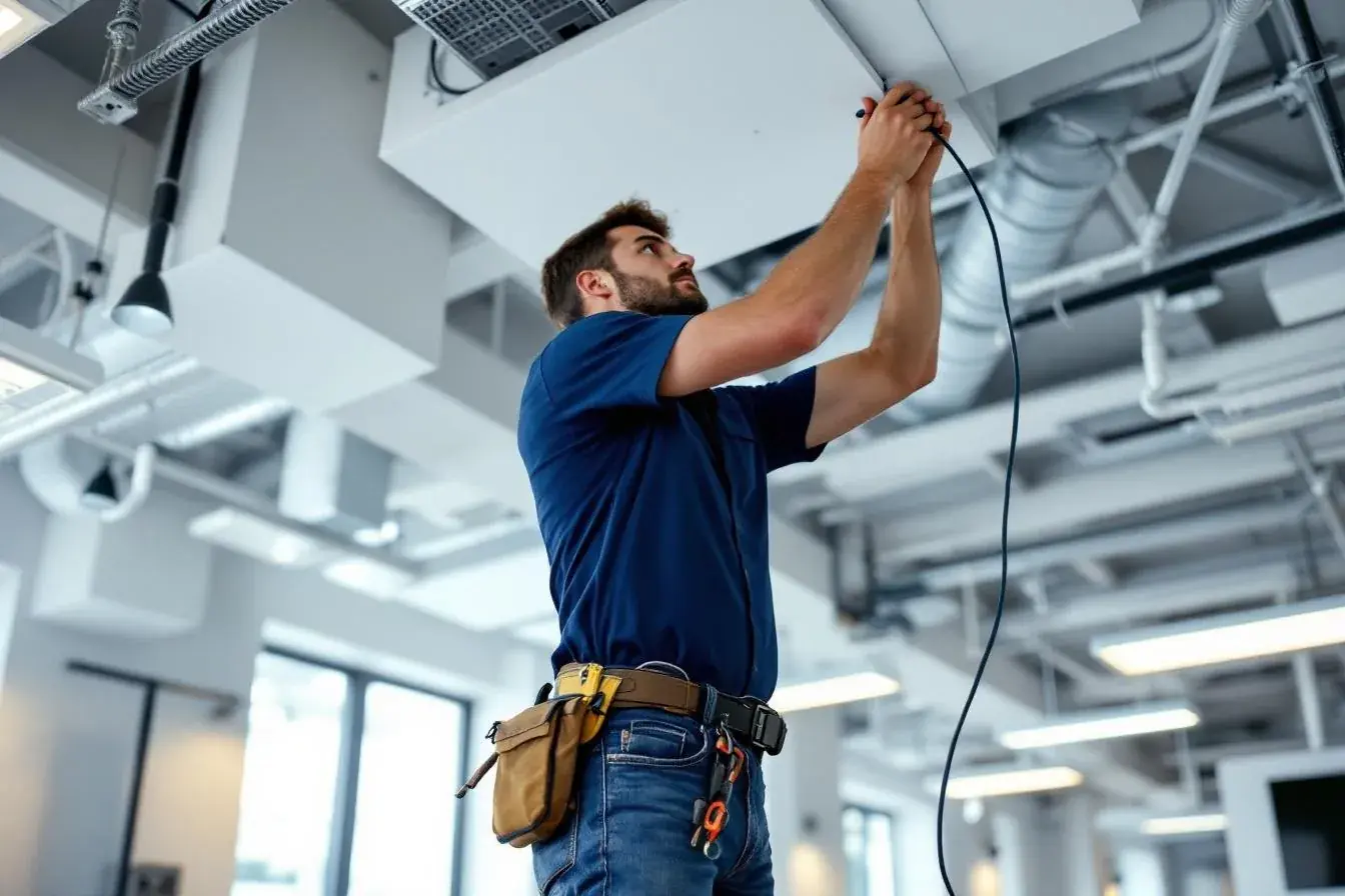 Technician installing security camera